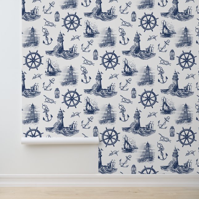 Nautical Lighthouses Navy Blue White Tapete (Anwendung)
