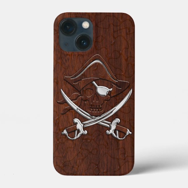 Nautical Mahogany Pirate Skull Steel Case-Mate iPhone Hülle (Rückseite)