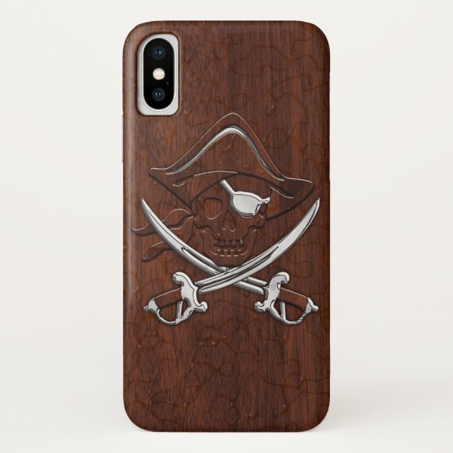 Nautical Mahogany Pirate Skull Steel Case-Mate iPhone Hülle (Rückseite)