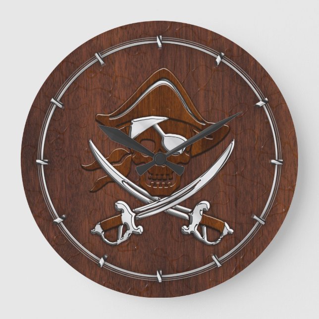 Nautical Mahogany Pirate Skull Steel Große Wanduhr (Vorderseite)
