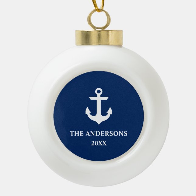Nautical Marine Blue Anchor Name Year Keramik Kugel-Ornament (Vorderseite)