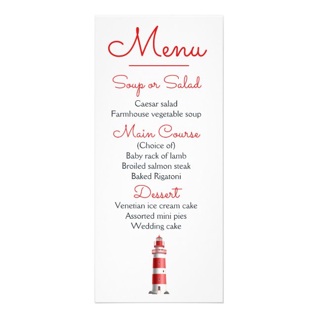 Nautical Menu Beach Wedding Lighthouse Red Werbekarte (Vorne)