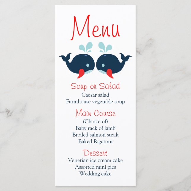 Nautical Menu Navy Blue Red Whales Beach Hochzeit Menükarte (Vorderseite)