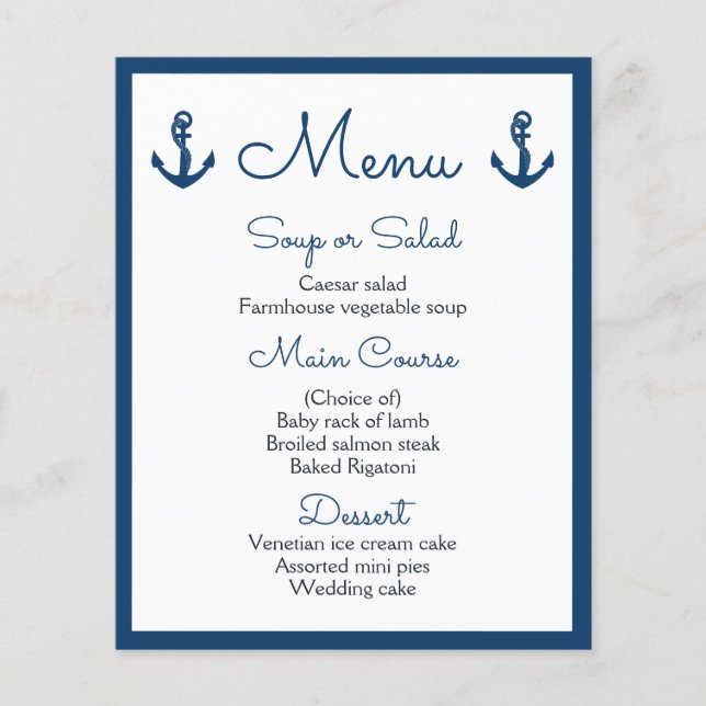 Nautical Menu Navy Blue Wedding Ocean Beach Sailor (Vorderseite)