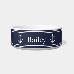 Nautical Midnight Blue mit Name und weißen Ankern Napf