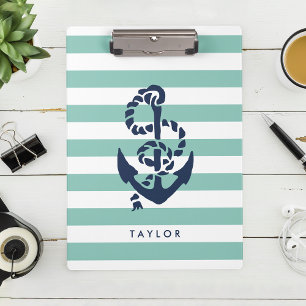 Nautical Mint Stripe & Navy Anchor Personalized Klemmbrett