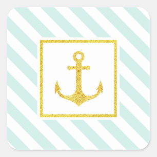Nautical Minze Stripes Imitat Glitzer Anker Quadratischer Aufkleber