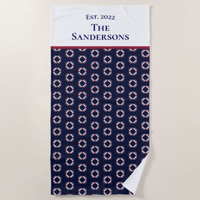 Nautical Modern Navy Blue Monogram Life Preserve Strandtuch (Vorderseite)