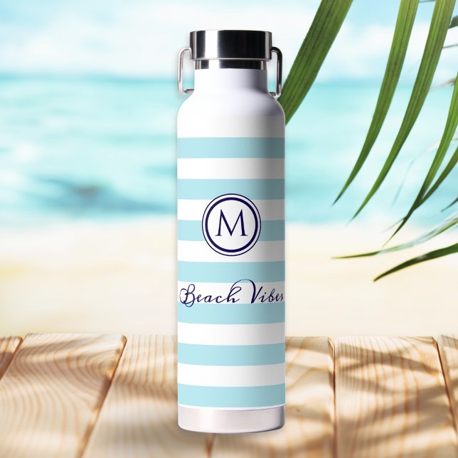 Nautical Monogram Beach Vibes Blue White Striping Trinkflasche (A blue and white striped water bottle with monogram initial and 'Beach Vibes' in script typography)