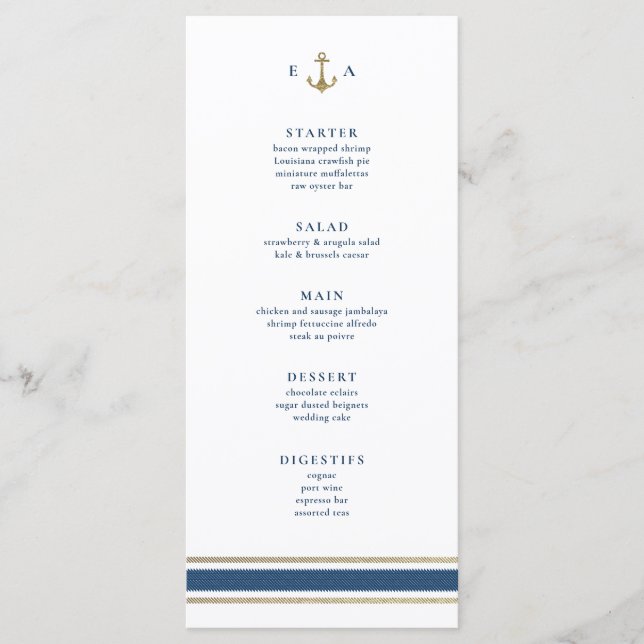 Nautical Monogram Gold and Blue Wedding Menükarte (Vorderseite)