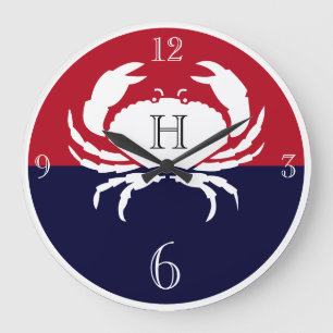 Nautical monogram red navy white crab large clock große wanduhr
