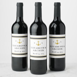 Nautical Monogram Wedding Black Gold Wine Label Weinetikett