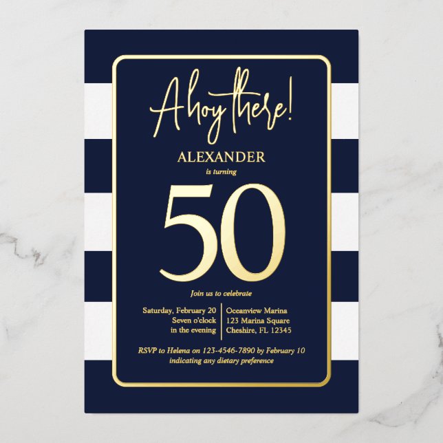 Nautical Navy 50. Geburtstagsparty Foil Einladung (Vorderseite)