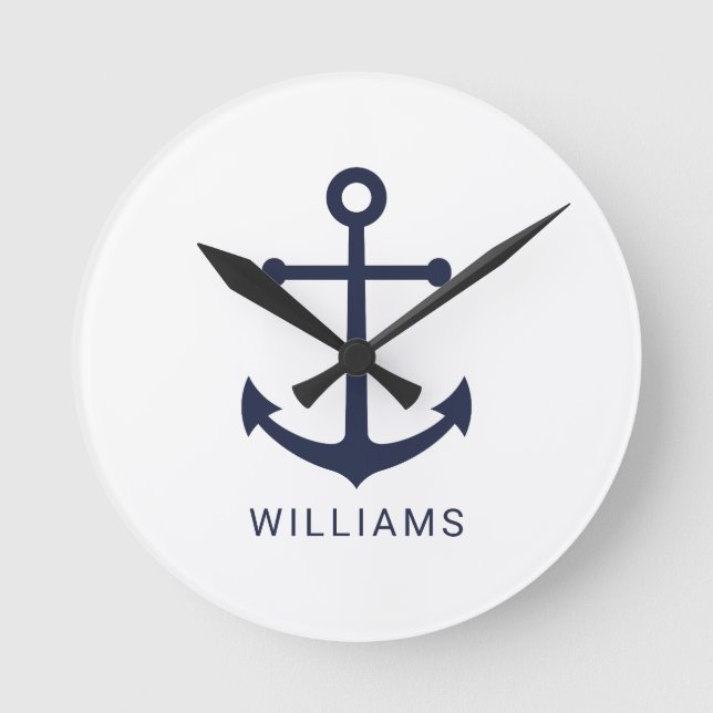 Nautical Navy Blue Anchor and Custom Name Runde Wanduhr (Vorderseite)