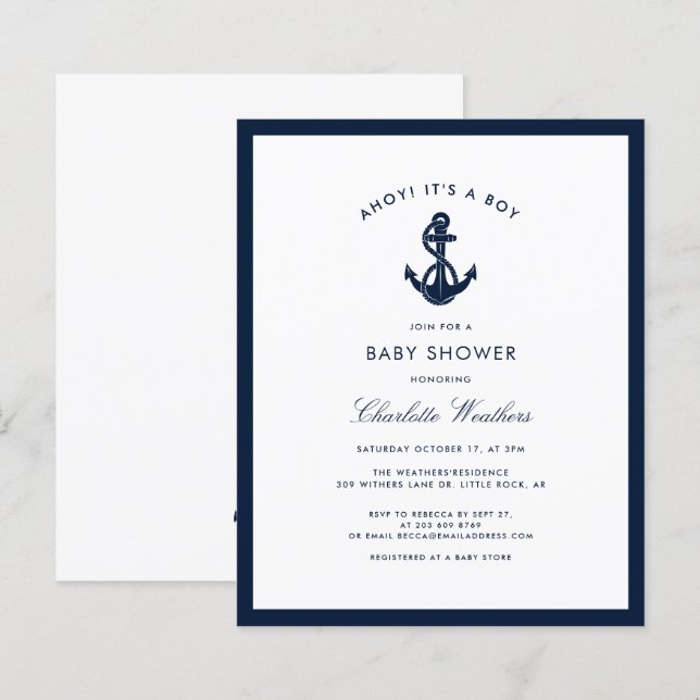 Nautical Navy Blue Anchor Baby Shower Einladung (Vorne/Hinten)