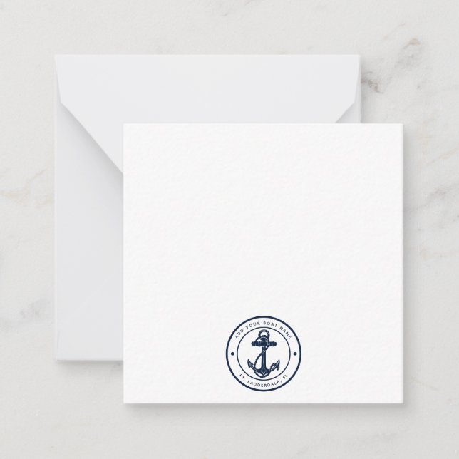 Nautical Navy Blue Anchor Boat Name Custom Mitteilungskarte (Vorderseite)