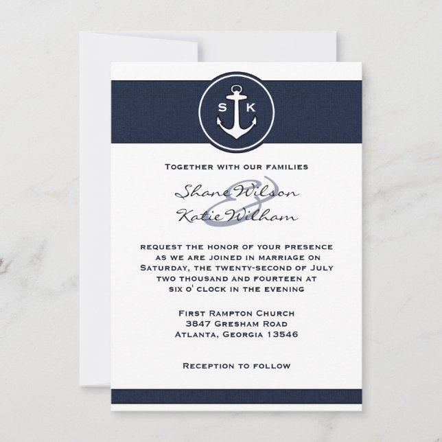 Nautical Navy Blue Anchor Hochzeit Einladung (Vorderseite)