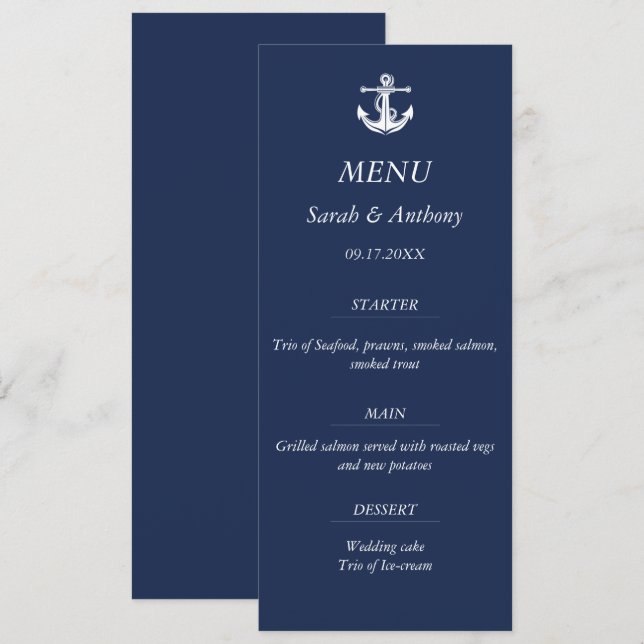 Nautical Navy Blue Anchor Modernes Hochzeitessen Menükarte (Vorne/Hinten)