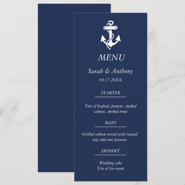 Nautical Navy Blue Anchor Modernes Hochzeitessen Menükarte (Vorne/Hinten)