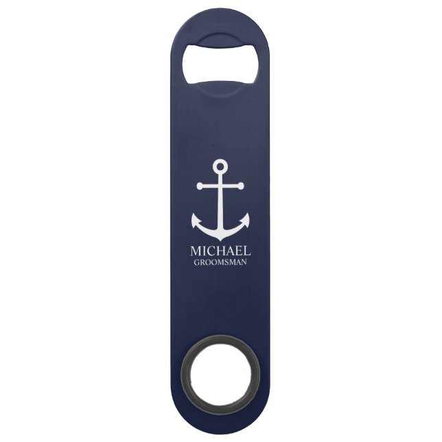 Nautical Navy Blue Anchor Personalized Groomsmen Speed Flaschenöffner (Vorderseite)