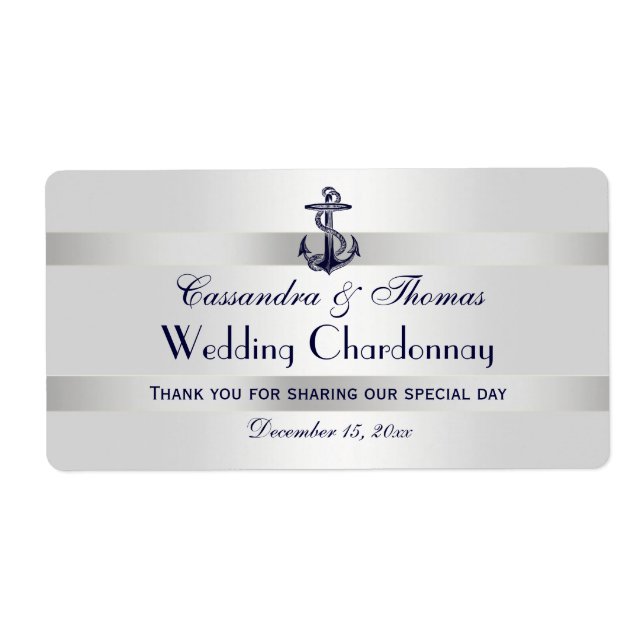 Nautical Navy Blue Anchor Silver Whi H Weinflasche (Vorne)