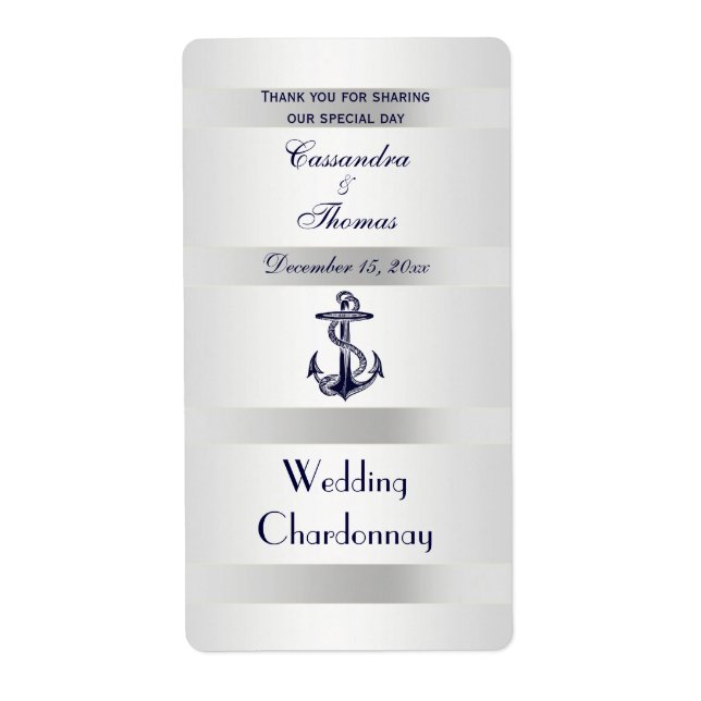Nautical Navy Blue Anchor Silver Wht V Weinflasche (Vorne)
