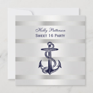 Nautical Navy Blue Anchor Silver Wt BG SQ Sweet 16 Einladung
