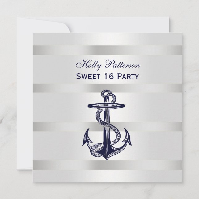 Nautical Navy Blue Anchor Silver Wt BG SQ Sweet 16 Einladung (Vorderseite)