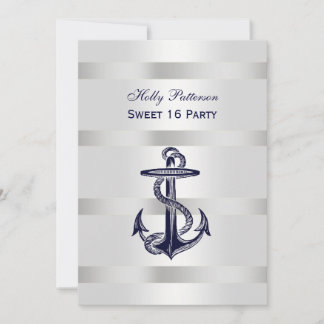 Nautical Navy Blue Anchor Silver Wt BG V Sweet 16 Einladung