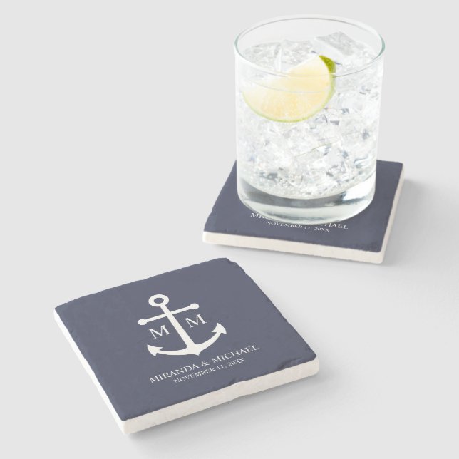 Nautical Navy Blue Anchor Wedding Steinuntersetzer (Seitenansicht)