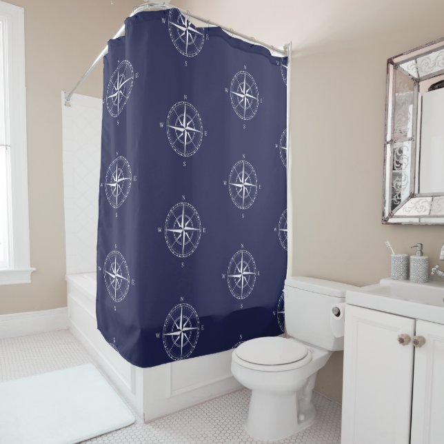 Nautical Navy Blue Coastal Compass Rose Badezimmer Duschvorhang (Beispiel)