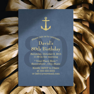 Nautical Navy Blue Gold Anker 80. Geburtstagsparty Einladung