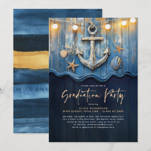 Nautical Navy Blue & Gold Anker Graduation Party Einladung