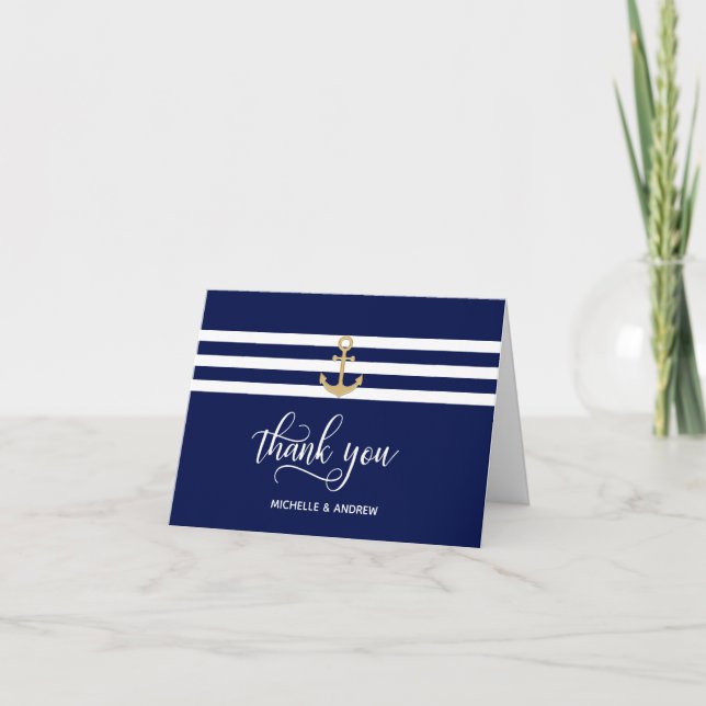 Nautical Navy Blue Gold Anker Vielen Dank für Ihre Karte (Vorderseite)