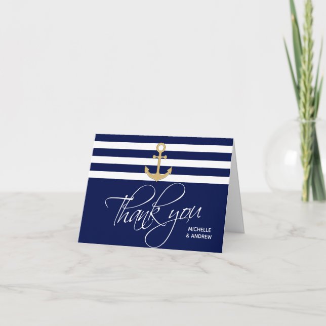 Nautical Navy Blue Gold Anker Vielen Dank für Ihre Karte (Vorderseite)