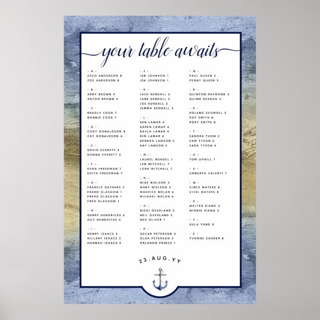 #Nautical Navy Blue & Gold Seetabelle Poster (Vorne)
