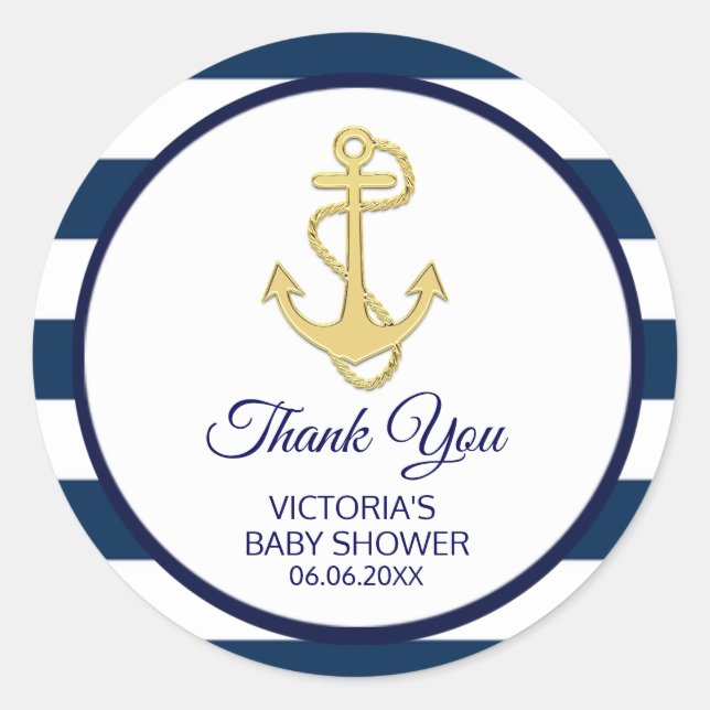 Nautical Navy Blue Gold Stripes Kinderdusche Runder Aufkleber (Vorderseite)