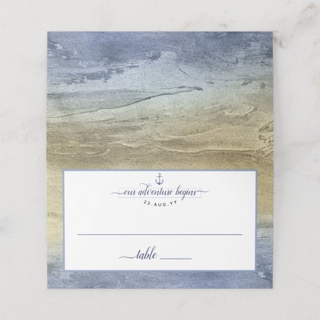 #Nautical Navy Blue Gold Watercolor Veranstaltung  Platzkarte (Außenseite Aufgefaltet)