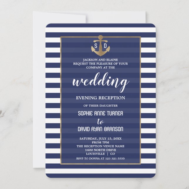 Nautical Navy Blue Gold Wedding Abend Empfang Einladung (Vorderseite)