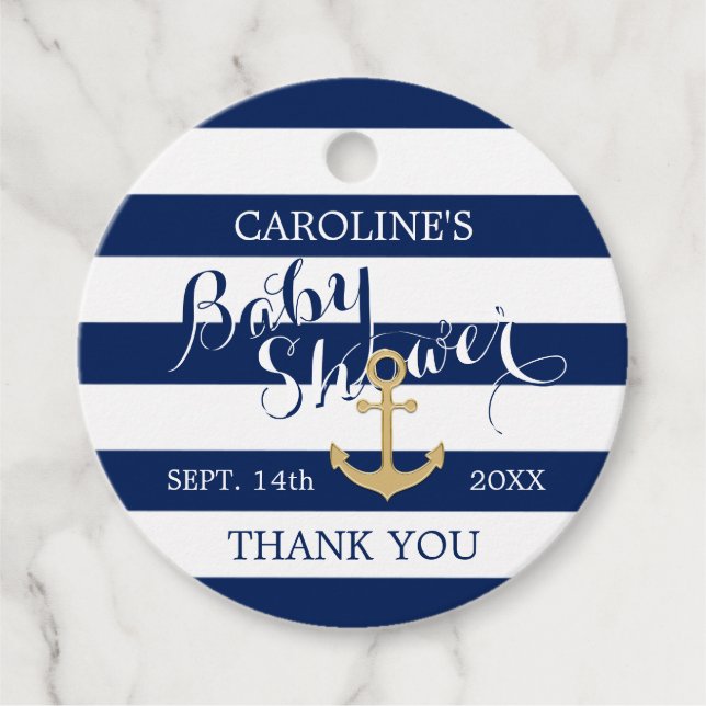 Nautical Navy Blue Gold White Stripes Baby Dusche Geschenkanhänger (Vorderseite)