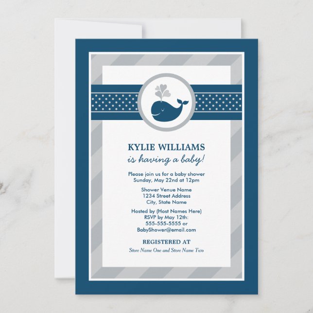 Nautical Navy Blue Gray Whale Boy Baby Showdusche Einladung (Vorderseite)