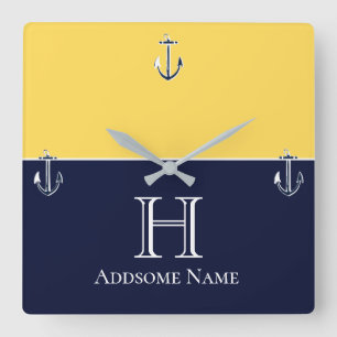 Nautical Navy Blue Mustard Yellow Anchor Monogram Quadratische Wanduhr