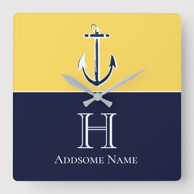 Nautical Navy Blue Mustard Yellow Anchor Monogram Quadratische Wanduhr (Vorderseite)