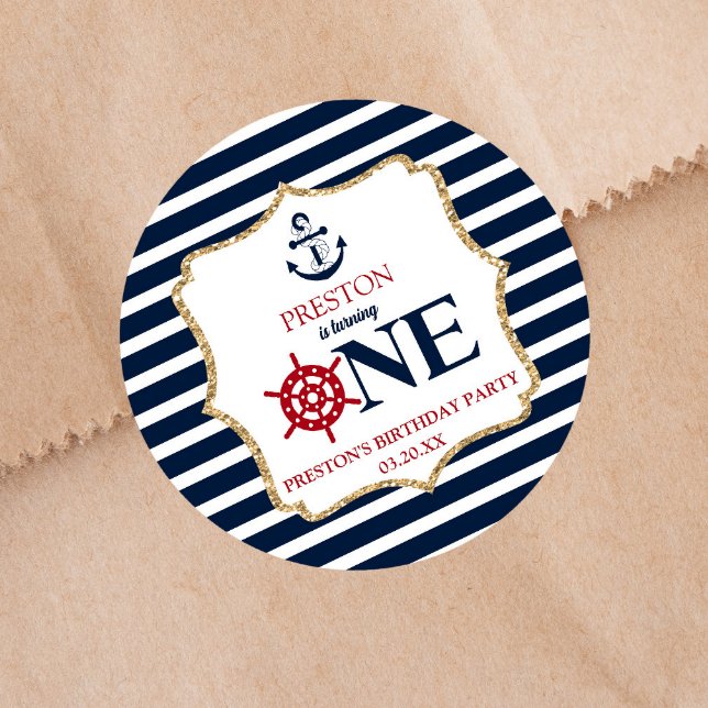 Nautical Navy Blue ONE First 1st Birthday Party Runder Aufkleber (Von Creator hochgeladen)