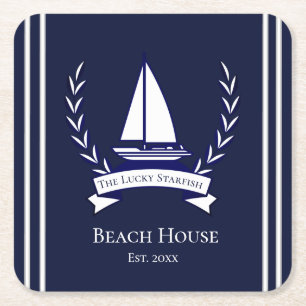 Nautical Navy Blue Sailboat Küste Mit Monogramm Rechteckiger Pappuntersetzer