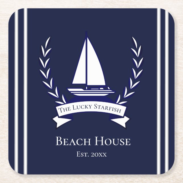Nautical Navy Blue Sailboat Küste Mit Monogramm Rechteckiger Pappuntersetzer (Vorderseite)