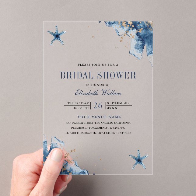 Nautical Navy Blue Starfish Bridal Shower Acryleinladungen (Insitu (Handheld))