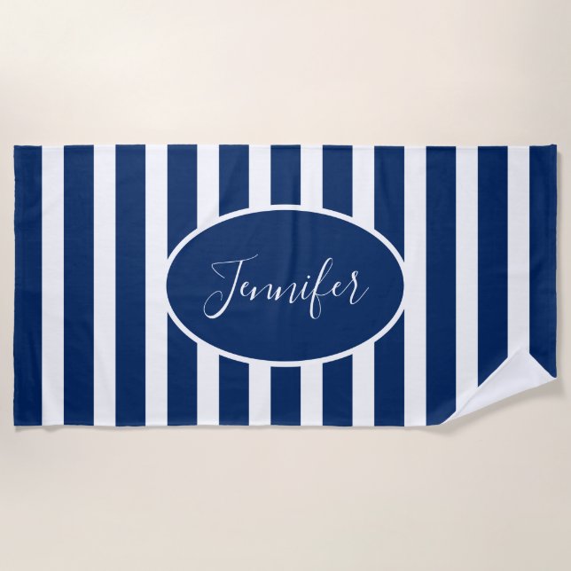 Nautical Navy Blue Strike Add Name Script hinzufüg Strandtuch (Vorderseite)
