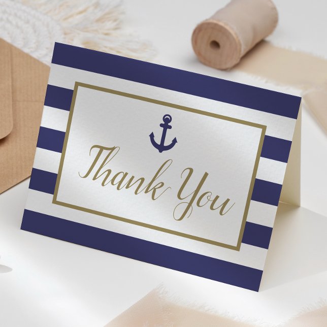Nautical Navy Blue Stripes Anchor Gold Script Dankeskarte (Von Creator hochgeladen)