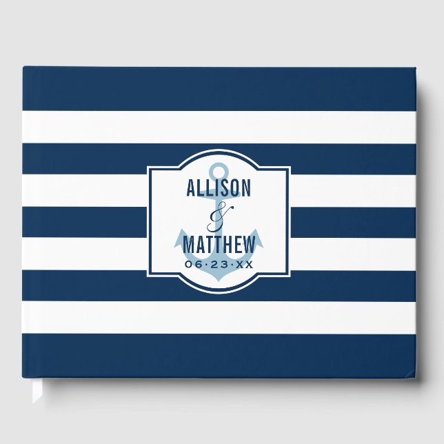 Nautical Navy Blue Stripes Wedding Monogram Gästebuch (Vorderseite)
